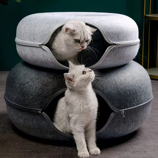 Donut Cat Bed for 2 Cats Pet Cat Tunnel Toys Kitten House Basket Interactive Play Toys for Cats Natural Felt Rabbit Cave Nest